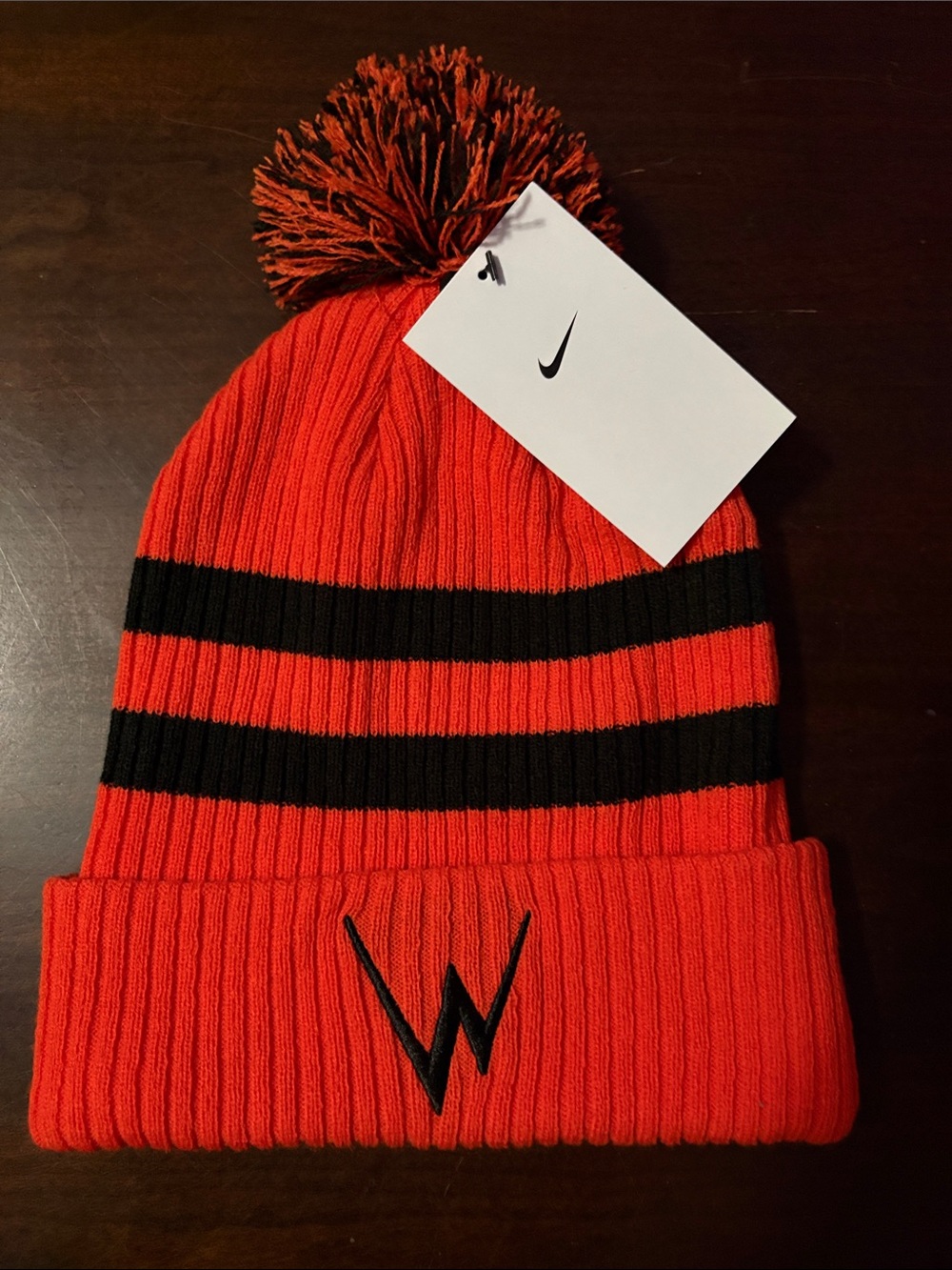 Nike Orange & Black Pom-Pom Knit Beanie with 'W' Accent and Nike Logo